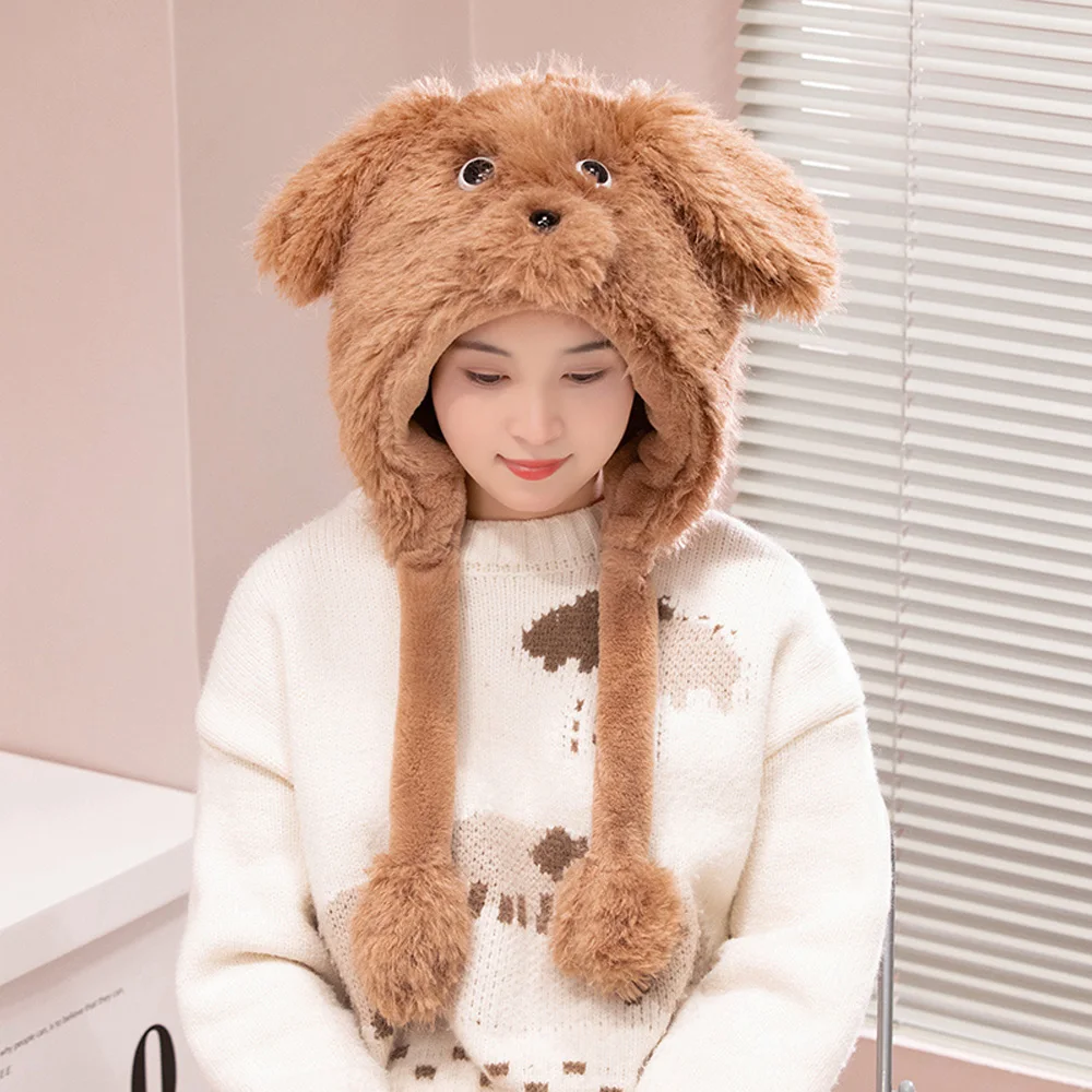 Cute Fluffy Dog Shaped Hat Warm Women's Plush Hat Thick Kawaii Anti-Cold Windproof Hooded Scarf Cartoon Puppy Christmas Gifts