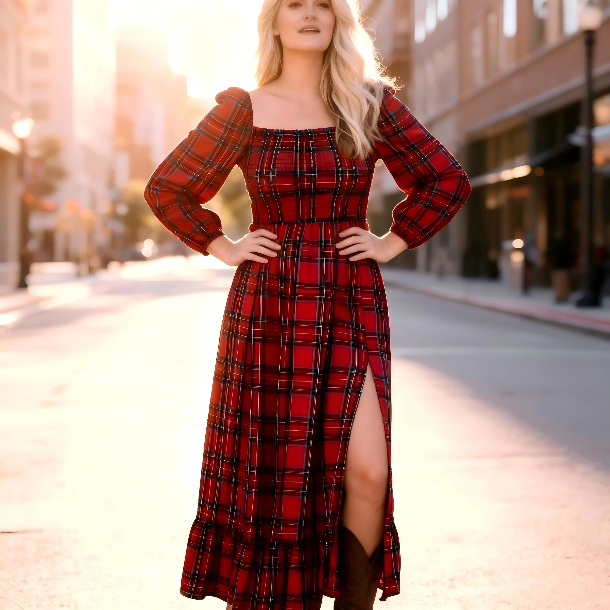 

Женское осеннее длинное платье, элегантное клетчатое платье с длинными рукавами и квадратным вырезом, с завышенной талией, для повседневной носки