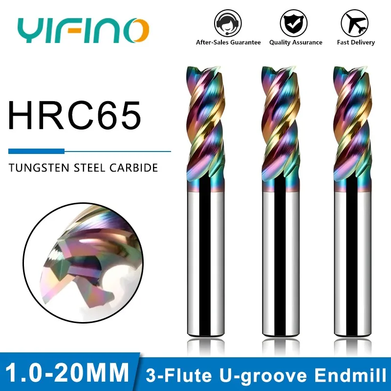 YIFINO HRC65 Colorful Coating Tungsten Steel Carbide 3-Flute U-groove Endmill Aluminum CNC Machinery Special Milling Cutter Tool