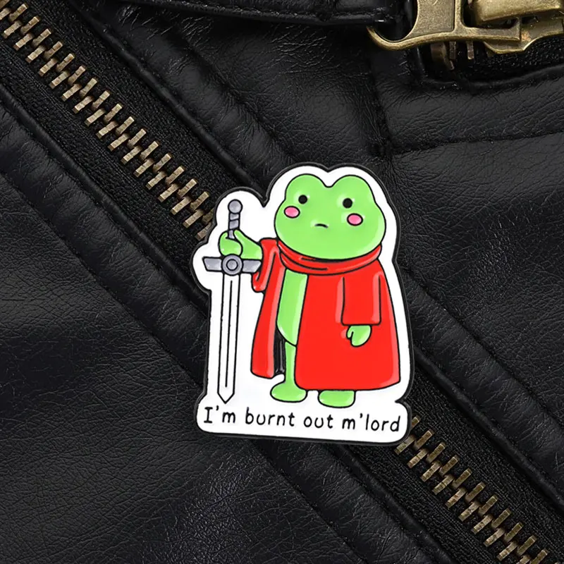 I'm Burnt Out Mlord Frog Knight Enamel Pin, Green Frog With Sword And Red Cape Brooch For Exhausted Workers And Casual Fun Gift