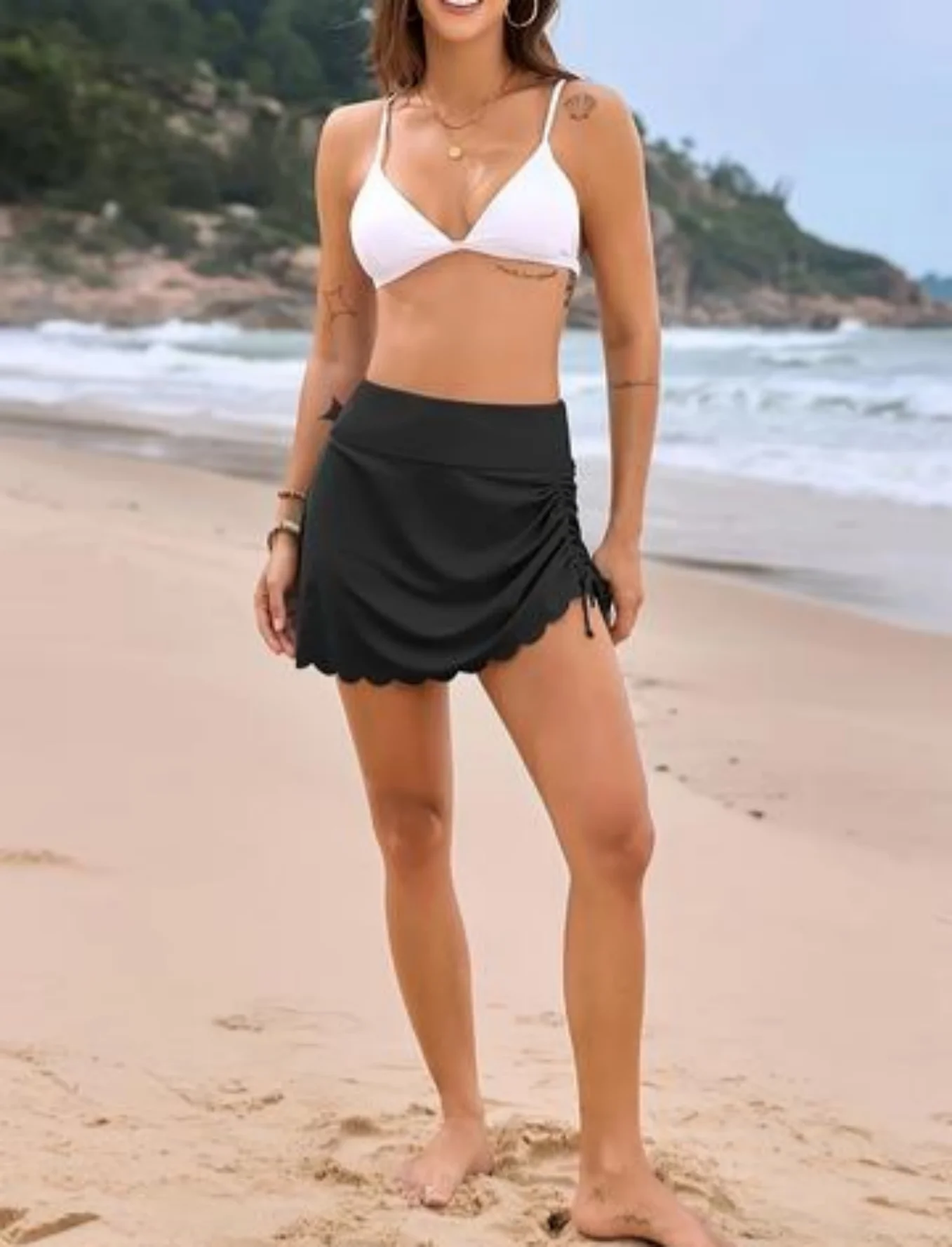 

2465 Women Black Swim Skirt High Waist Scalloped Hem Ruched Side Tummy Control Modest Beachwear Swimwear Bottom