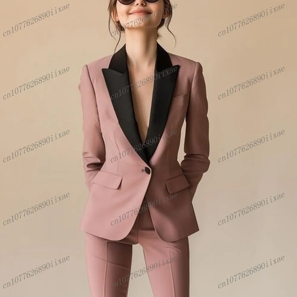 

Black Collar Pink Women Suits Lady Business Office Tuxedos Mother Wedding Party Formal Ladies 2 Piece Set Jacket Pants