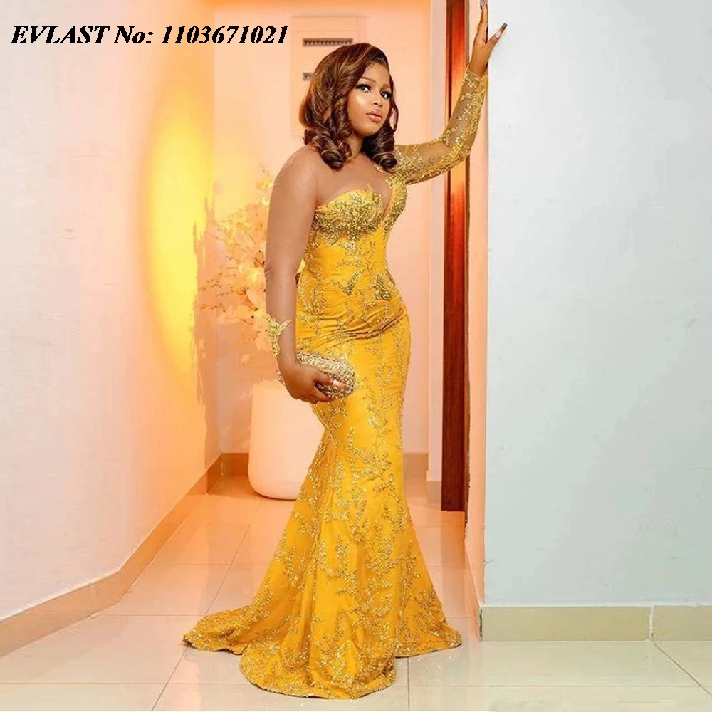 EVLAST Plus Size Gold Lace African Formal Dress Mermaid Prom Gown Aso Ebi Wedding Reception Dress Black Women Party Dress P116