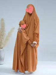 Ramadan Muslim Robe 2 Piece Set Mommy & Kids Prayer Garment Hijab Dress Women Girls Hooded Abaya Niqab Islam Dubai Eid jilbab