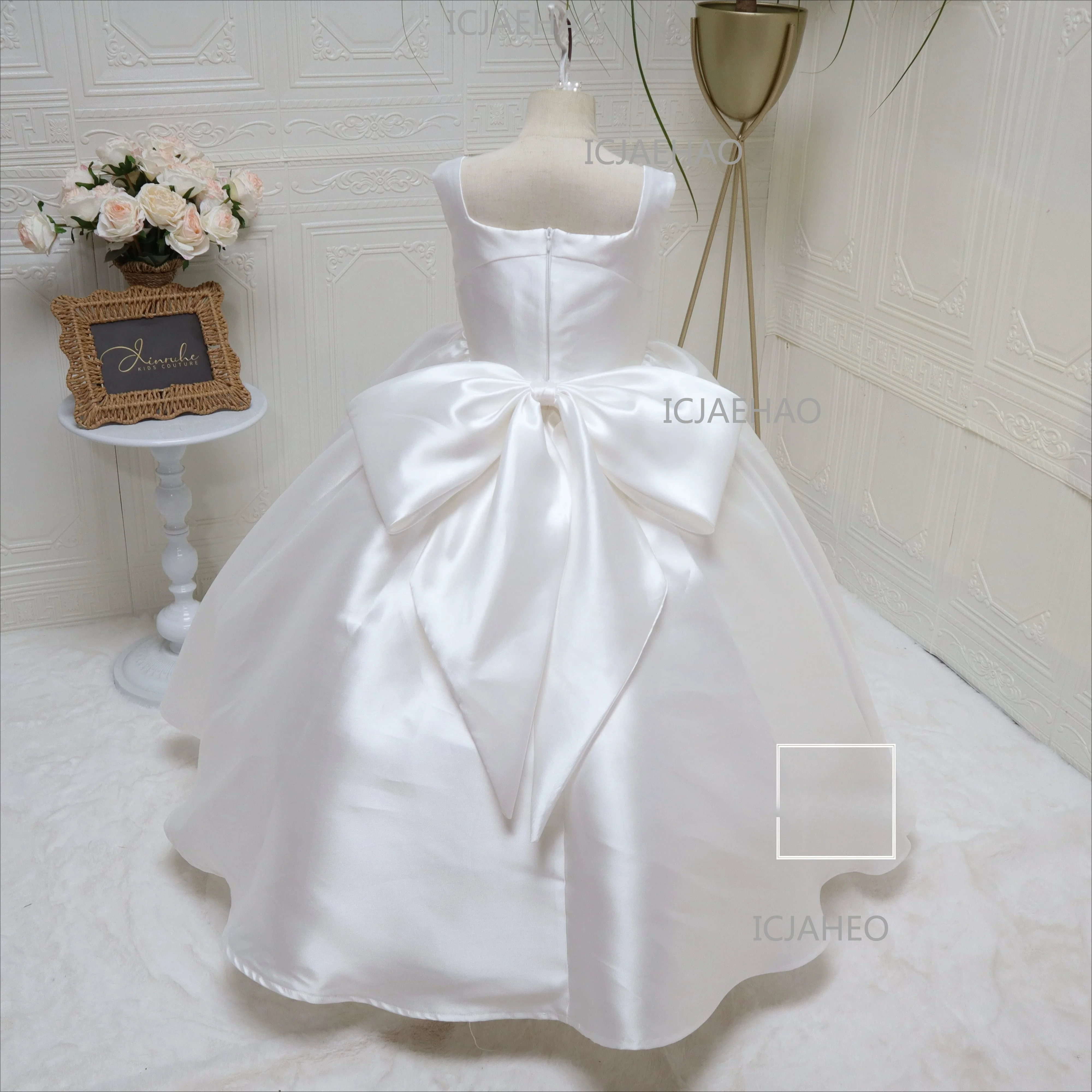Girls Spaghetti Strap Dress, Waist-Cinched Maxi Formal Dress Birthday Dress Children Long Gown, Elegant Photo Shoot White New - view 5