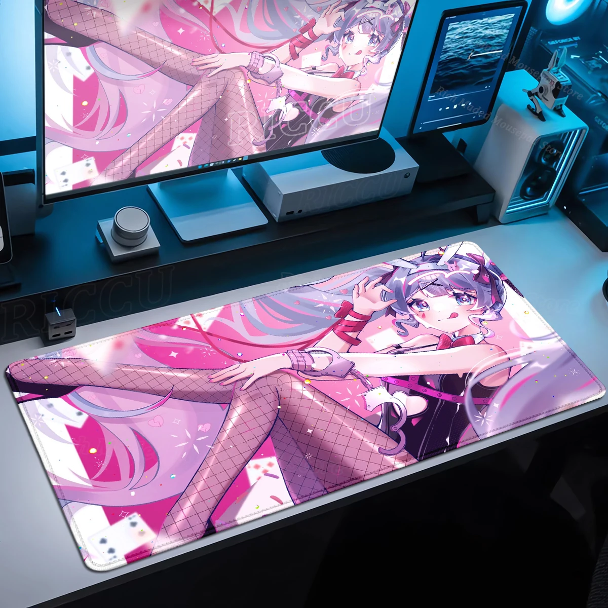 Противоскользящий резиновый коврик для мыши с милым кроличьим отверстием Miku, большой геймерский настольный декор, расширенный коврик, сексуальный аниме-коврик для мыши с замком по краям