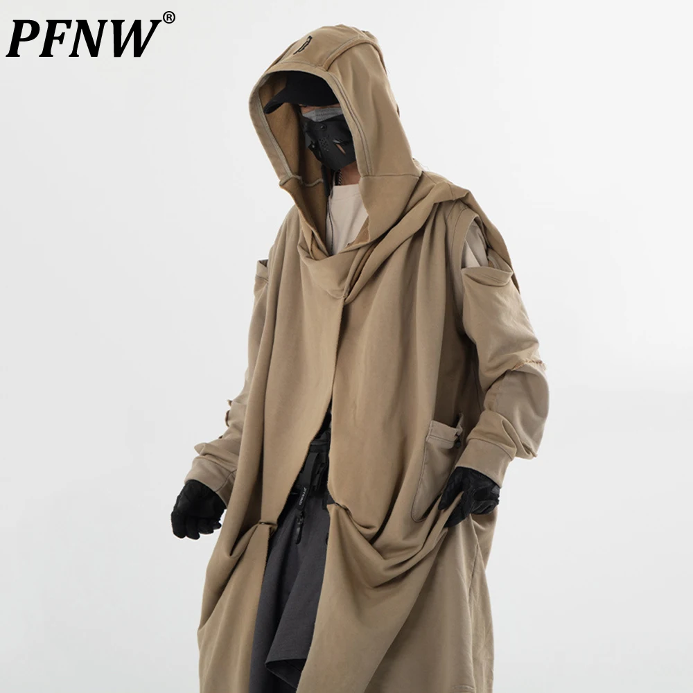 

PFNW Wanderer Hollow Out Patchwork Design Khaki Windbreaker Men's Loose Casual Hooded Trench 2024 Autumn Fashion New 12C1116