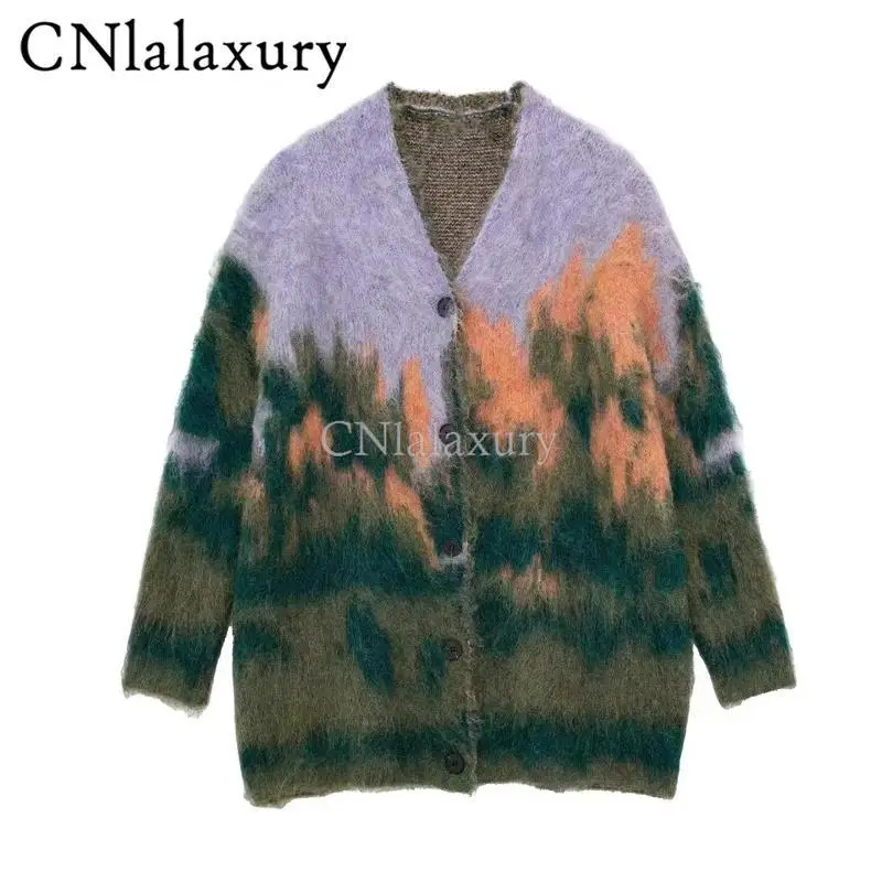 Cnlalaxury-camisola de gola redonda para mulheres, camisola de manga comprida com padrão de pintura de paisagem, solta, moda, outono e inverno,