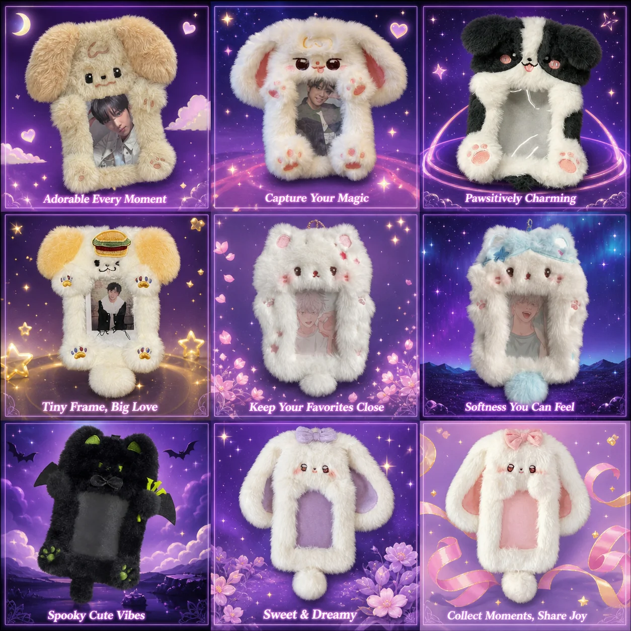 Estuche multifuncional para tarjetas fotográficas con diseño de conejo de peluche con orejas grandes, perro Border Collie y gato de dibujos animados, para estudiantes.