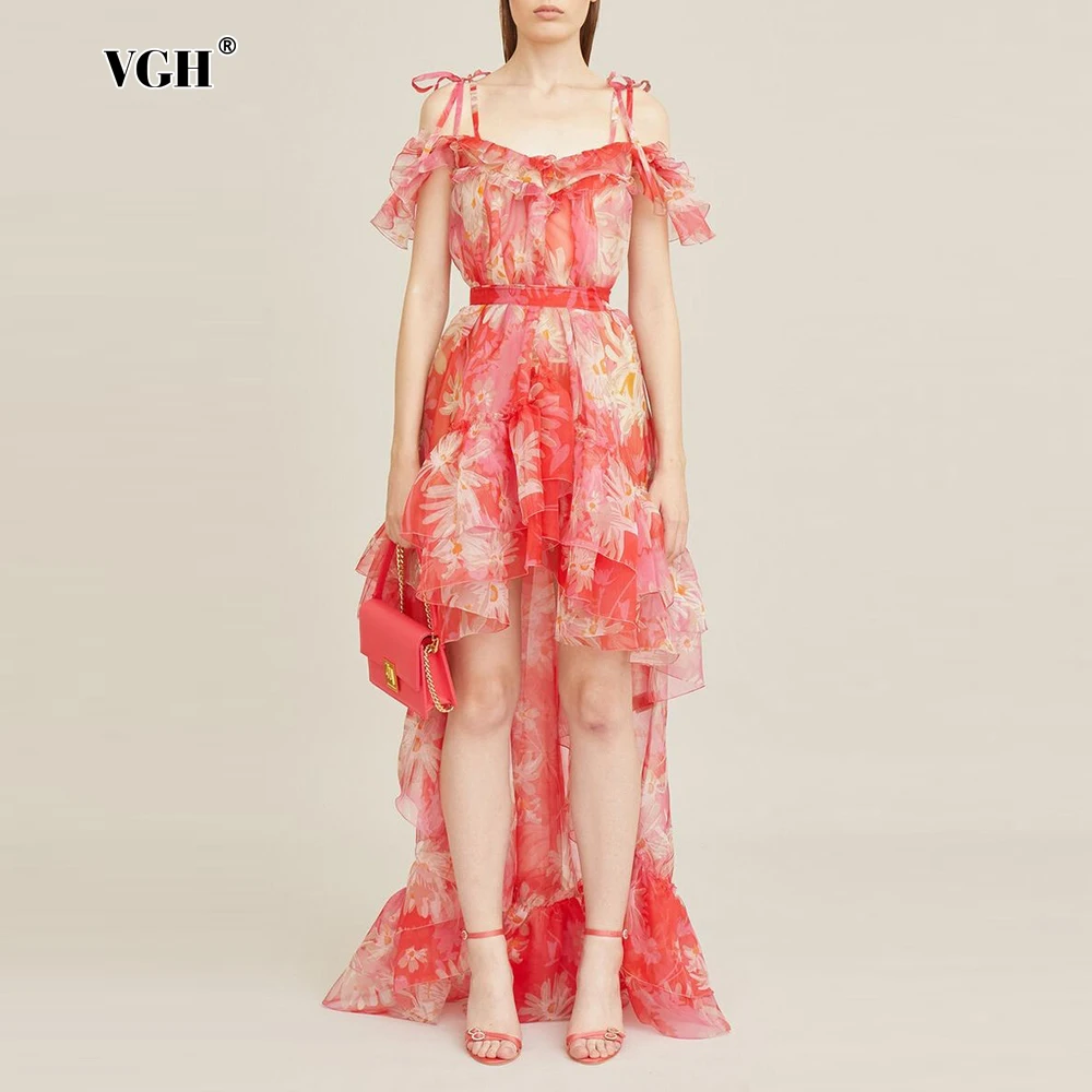 

VGH Floral Printing Women Midi Dress Square Collar Sleeveless High Waist Spliced Lace Up Irregular Hem Dresses Female Summer New