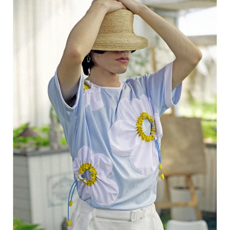 Men's 2025 Summer New Tees Flower Three-dimensional Drawstring Pleated Decorative Tops Trendy Short-sleeve Loose Comfort T-shirt