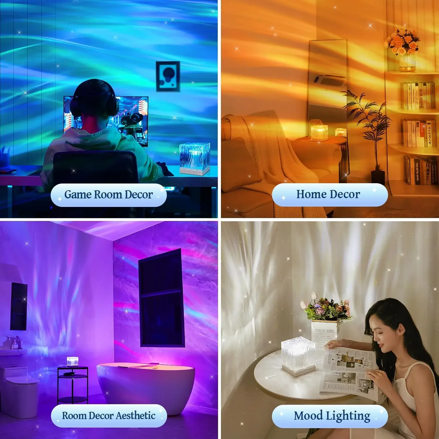 Aurora Northern Lights Water Ripple Projector Night Light USB Plug in 17 Colors Flame Crystal Lamp for Living Room Study Bedroom