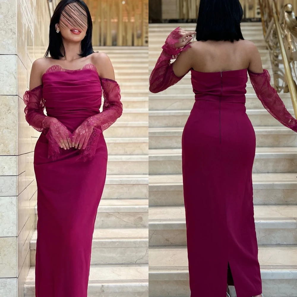 

Ball Exquisite High Quality Off-the-shoulder Sheath Cocktail Dresses Shirred Lace Anke length Skirts Charmeuse Evening