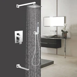 Chrome Shower Set Wall Mounted Shower Faucet Mixer 8inch to16inch Rainfall Bathroom Shower Tap with Handshower Rotate Bath Spout