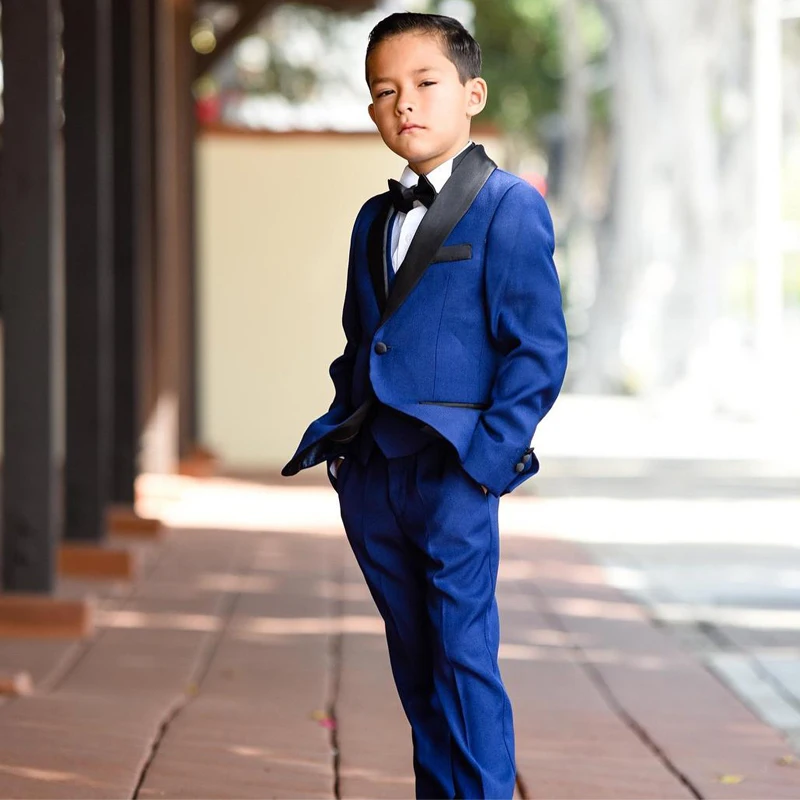 Traje azul de 2 piezas para niños, ropa Formal hecha a medida, esmoquin de boda para niños (chaqueta + pantalones), solapa negra de un botón, conjuntos de traje para adolescentes