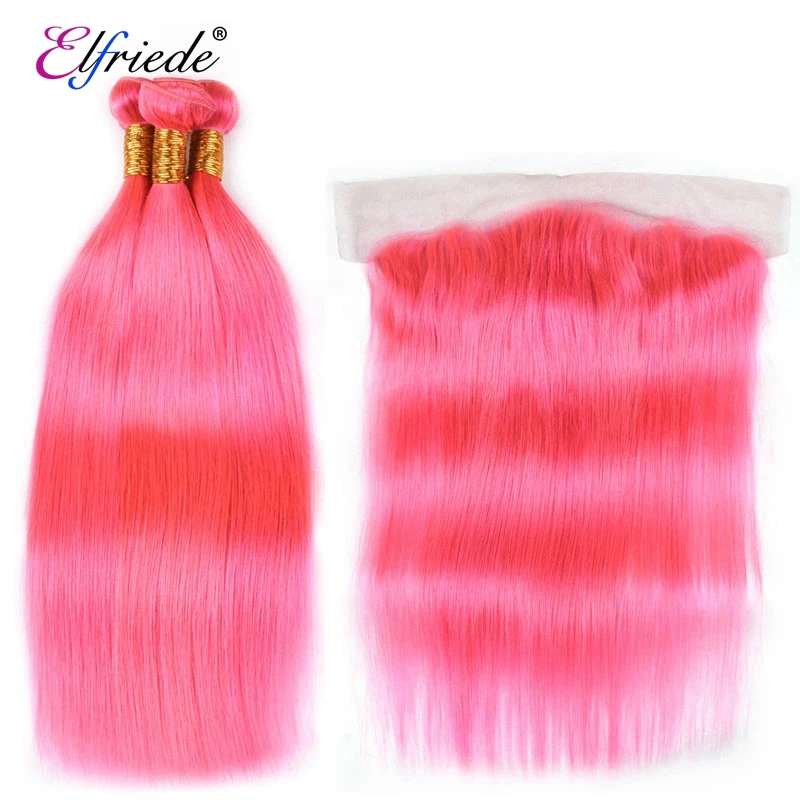 Elfriade-mechones de cabello humano liso con encaje Frontal, mechones de color rosa, brasileño, tramas cosidas, 3 mechones, 13x4