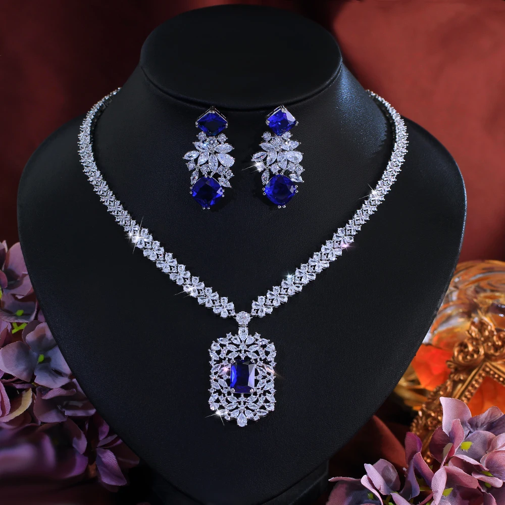 CWWZircons Prachtvolle Dubai Königsblaue Kubische Zirkonia Große Blumen-Braut-Halskette Schmucksets Hochzeitsfeier Damen-Accessoires T0721 – Detail 10