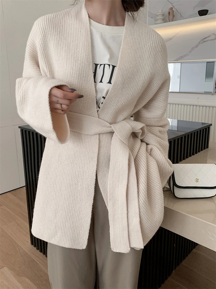 LANMREM Loose Knit Sweater For Women V Neck Long Sleeves Mid Length Cardigan With Belt Female Fashion Clothing Autumn 2DA9118