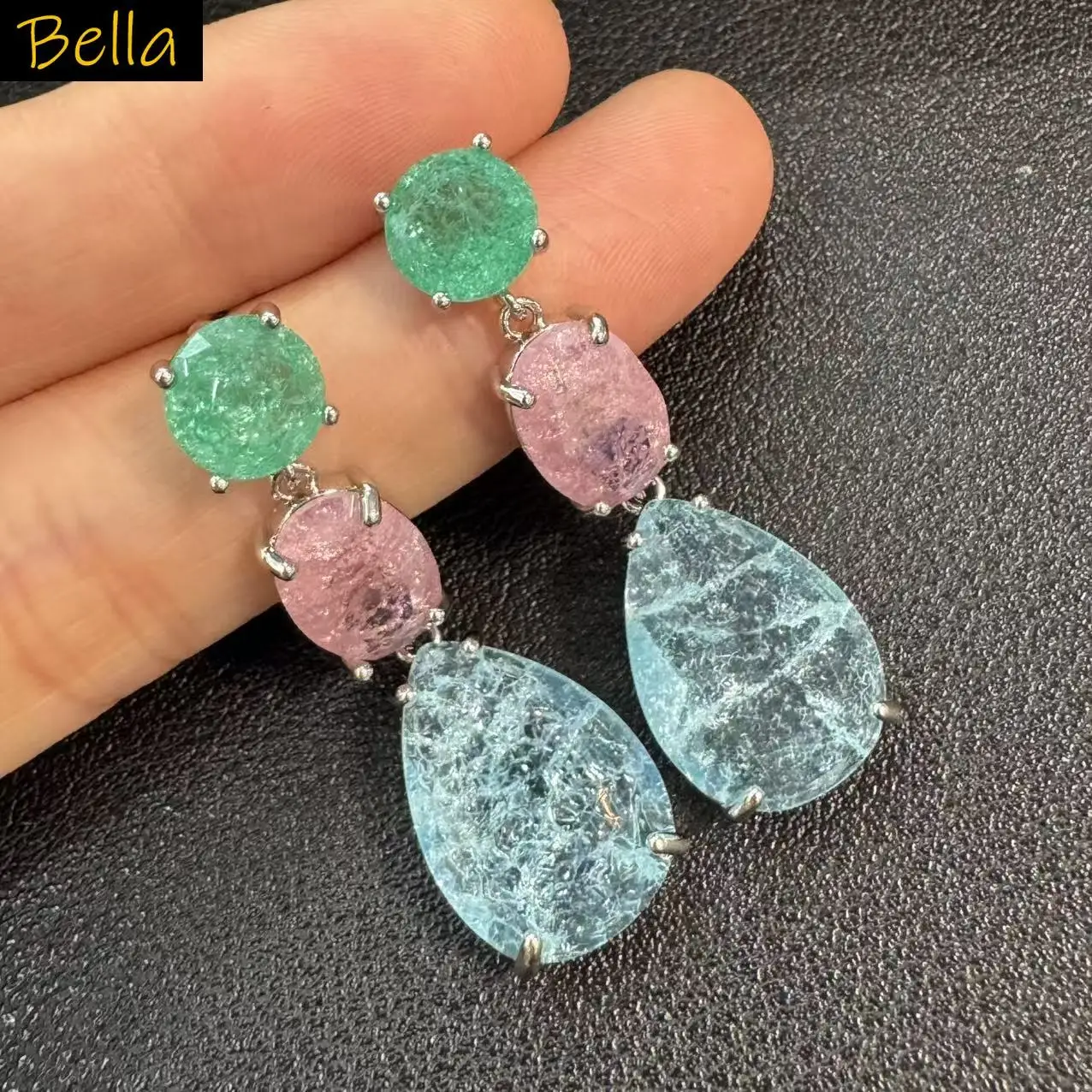 Multicolor Ice Crack Zircon Dangle Earrings for Women Round Oval Teardrop Drop Earrings Statement Jewelry Blue Green Sweet Gift
