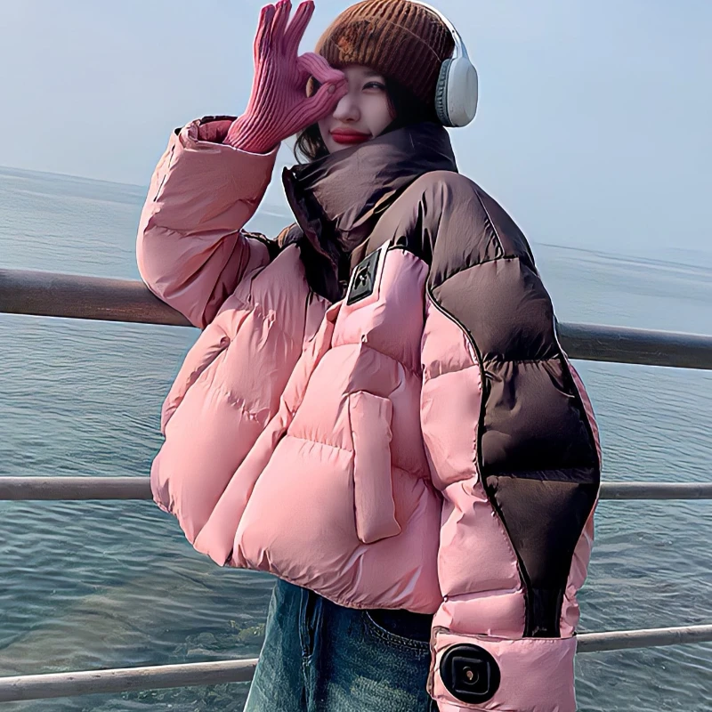 Down Jackets for Female, Collision Winter Coat, Korean Fashion, Splicing Puffer Jackets, Thick Loose Warm Parka Coats, New, 2024