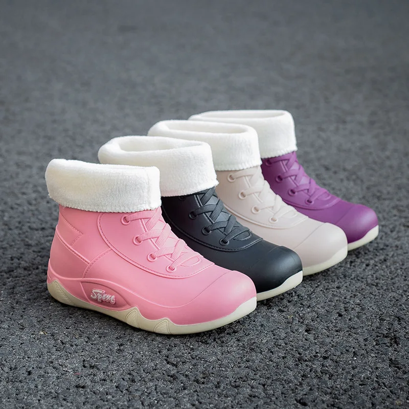 

New Plush Waterproof Rain Shoes Women's Stylish Fake Laces Ankle Rain Boots Woman Non Slip Galoshes Soft Rainshoes Winter Bootie