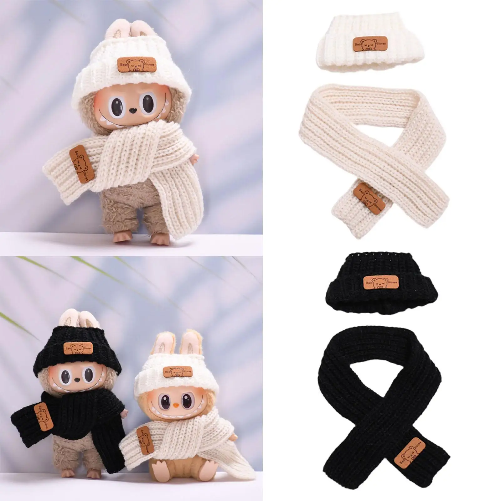 

2 Pieces Girl Doll Clothes Cartoon Hat and Scarf Set Winter Autumn Mini Doll Clothing Doll Outifits for 15/17 cm Plush Doll