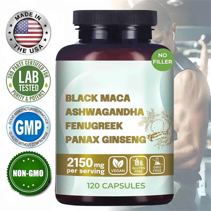 Black Maca Root, Ashwagandha, Panax Ginseng, Fenugreek Capsules, Male Enhancing Supplement Natural 4-in-1 Organic Original