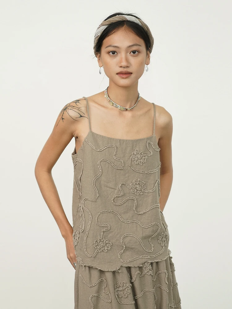 

Женский льняной топ с вышивкой Ele, модный, художественный, летний, тонкий, стандартной длины, без рукавов