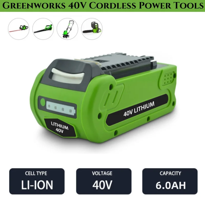 

Для GreenWorks 40V G-MAX 29252 20202 22262 27062 21242 Замена электрических инструментов 40V 6000mAh литий-ионная батарея 29472