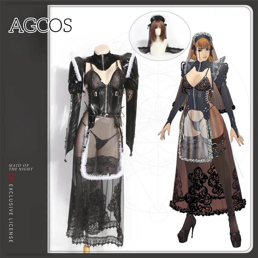 Agcos Originele Ontwerp Middernacht Meid Cosplay Kostuum Jumpsuits Vrouw Halloween Rolleplay Punk Pu Donkere Meid Jurk Sexy Cosplay