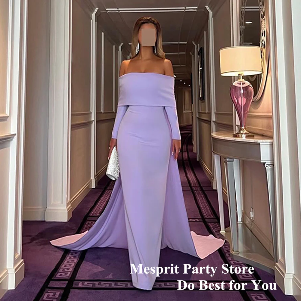 Lilac Prom Dress with Long Cape Boat Neck Long leeves Pleat Simple Straight Formal Evening Dresses Arab Party Gown for Woman