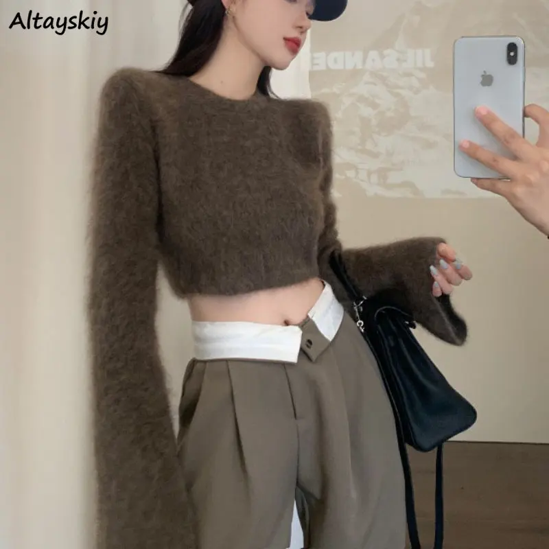 

Cropped Flare Sleeve Pullovers Women Autumn Comfort Hot Ladies Streetwear Retro Sweater Pull Femme Cozy Elegant Navel Stylish