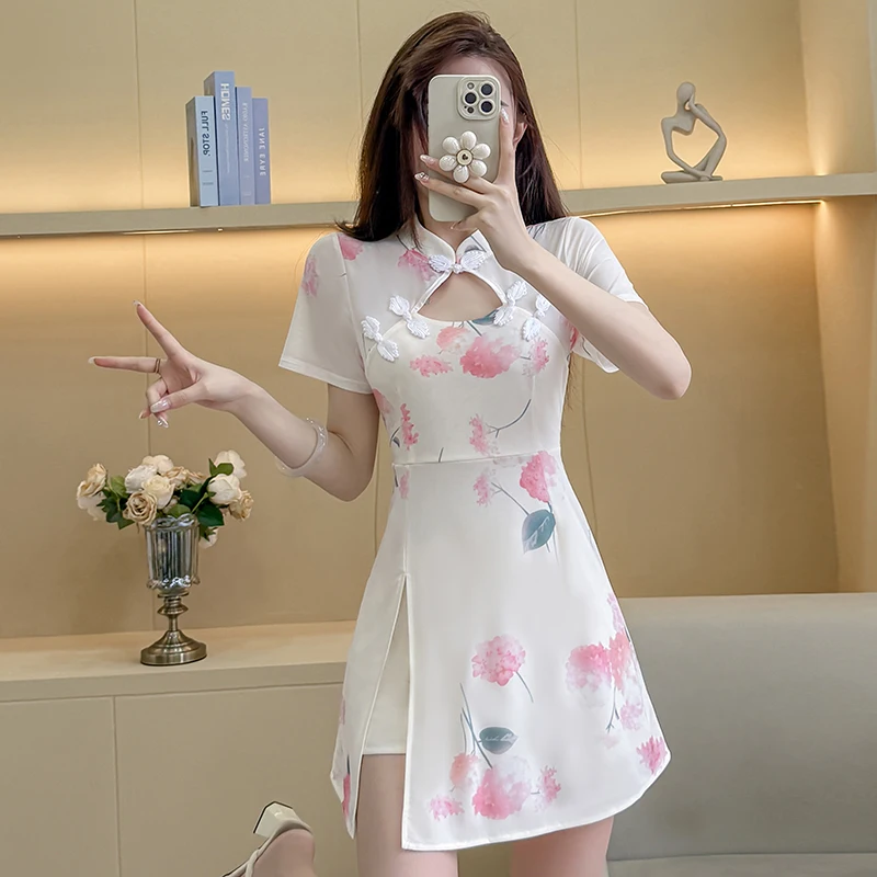 Women's New Chinese Style Mesh Dress Set 2026 New Design High Quality Slit Cheongsam and Shorts Two-Pieces Suits