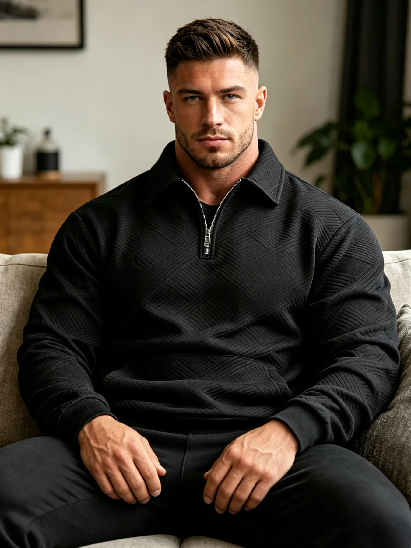 Herren Geometrischer Jacquard Viertelreißverschluss-Polo-Sweatshirt Langarm Gerippter Saum Kängurutasche Atmungsaktiver Strick-Freizeitpullover – Detail 8