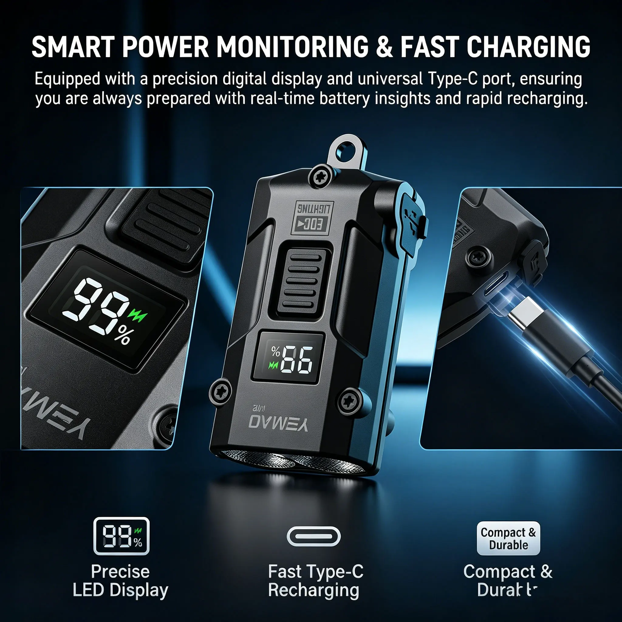 YEMAO M12 Pocket Flashlight 300 Lumens USB-C Charging Aluminum EDC Keychain Light With Power Display image 5