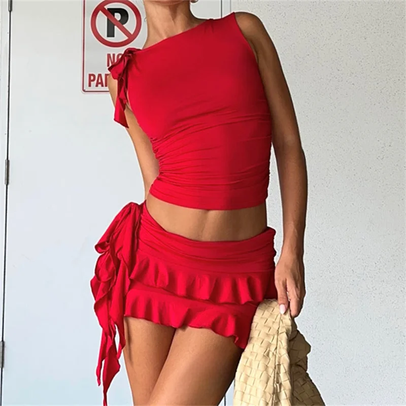 

Chic Ribons Stacked 2 Piece Set Women Solid Trend Sleeveless Bandage Slim Tanks+Ruched Matching Skirts Female Stunning Outfits