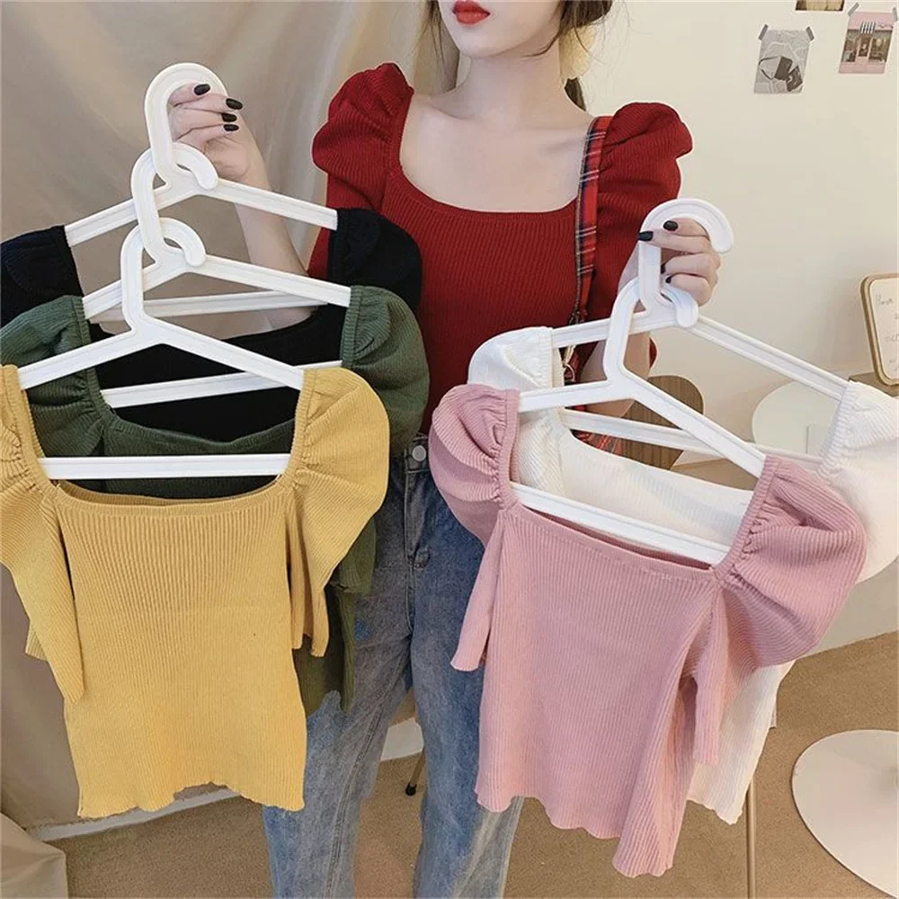 

Вязаный пуловер с короткими рукавами и квадратным вырезом для женщин, вязаный пуловер для девочек, футболка, топы, весна-лето, базовая верхняя одежда