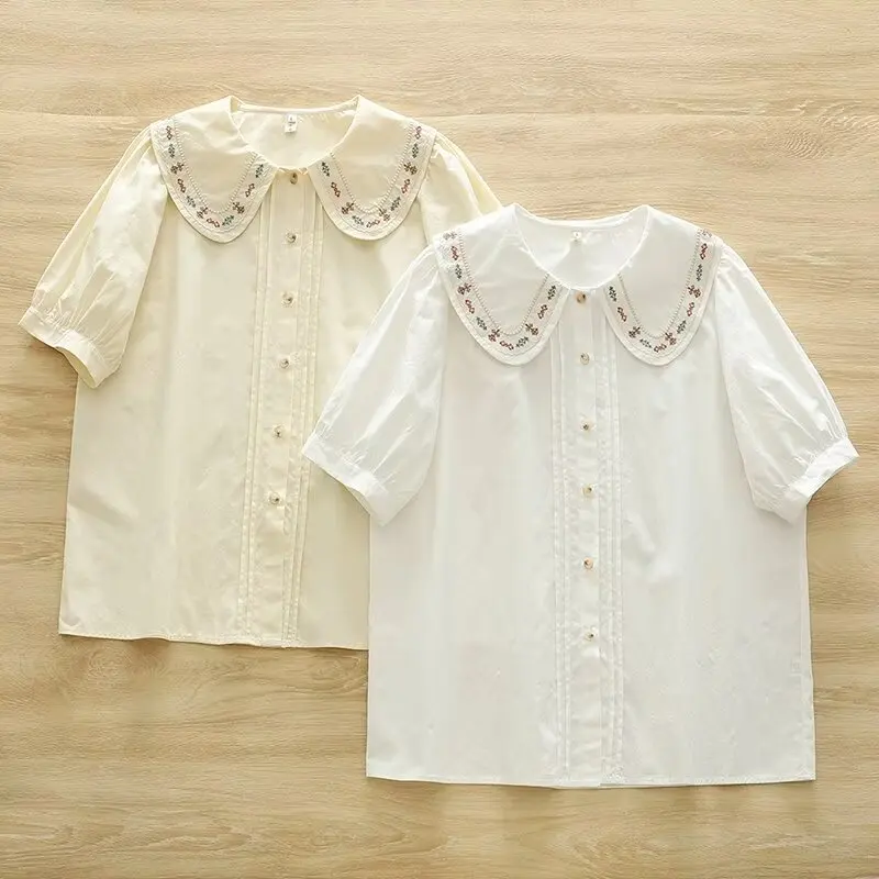 New Spring Cotton Casual Shirt Women Embroidery Loose Blouses Mori Girl Short Sleeve Peter Pan Collar Top 2024 Summer T45538QM