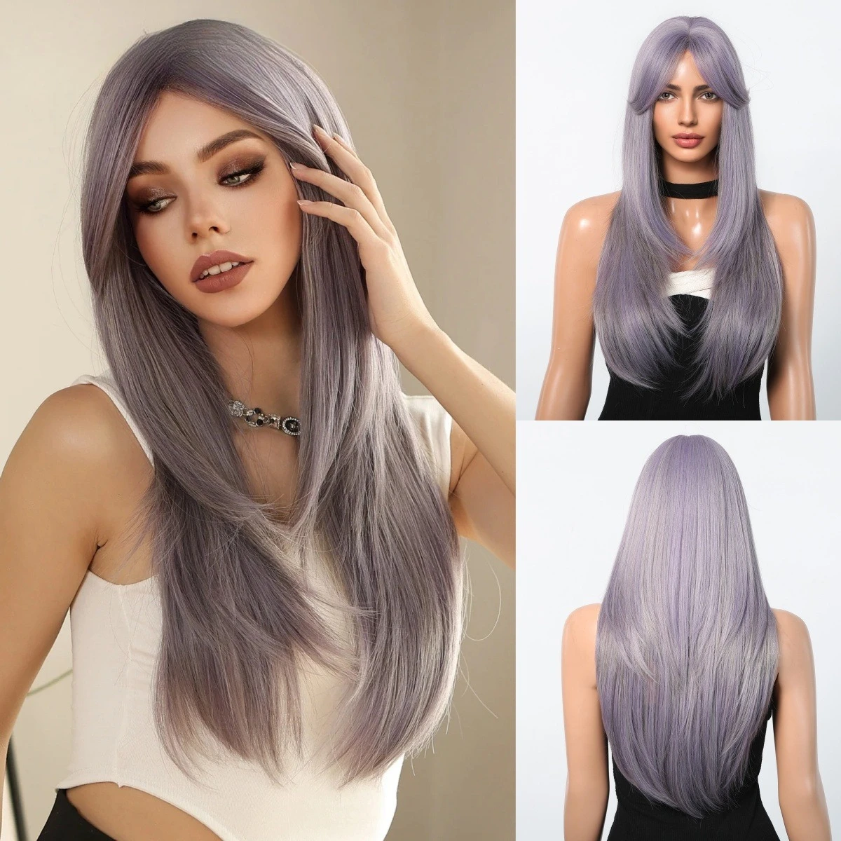 

European and American style wig female long hair full head cover new medium eight-character bangs purple layered long straight h