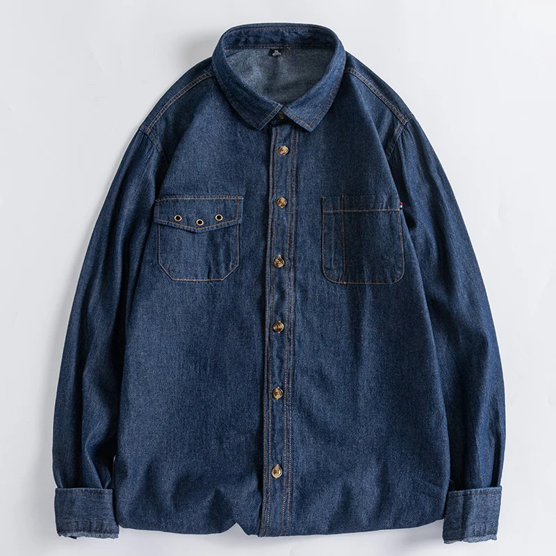 Retro Pure Cotton Blue Denim Casual Long Sleeve Collared Shirt Spring Autumn Unisex New Style Versatile Open Cardigan Jacket