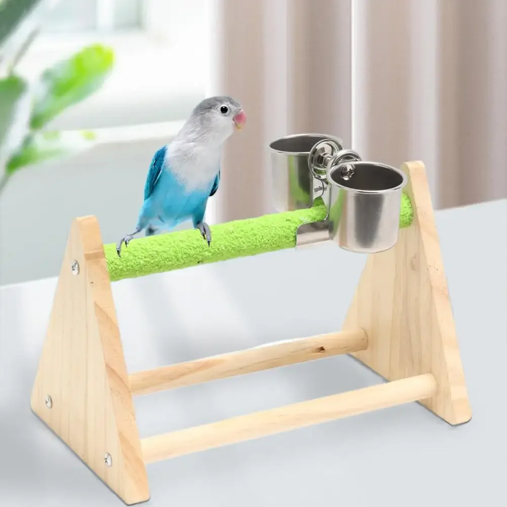 

Bird Toy Firm Triangle Stand with Feeding Cup Playing And Resting Wood Pet Parrot Training Stand Parakeet Playground