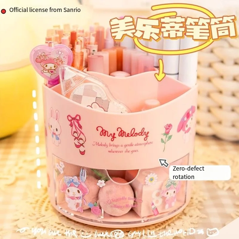 

Sanrio Cinnamoroll Cute Segment Rotating Pen Holder Desktop with Drawer Organizing Stationery Cartoon Girls Heart Storage Bottle