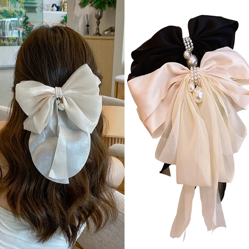 Large Korean Solid Color Satin Organza Fabric Bow Hair Clip for Women Girl New Chiffon Bowknot Ribbon Ponytail Hair Accessories