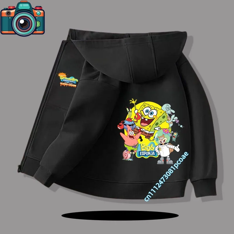 SpongeBob Zipper Style Coat - Children's Hooded Sweatshirt for Ages 1-12 Boys' Sports Shirt Girls' Casual Top with Cartoon Print