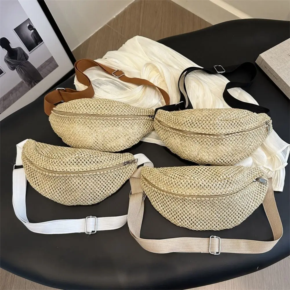 

Half Moon Straw Woven Bag Large Capacity Anti-theft Woven Handbag Pocket Phone Bag Phone Holder Adjustable Sports Pouch Hiking