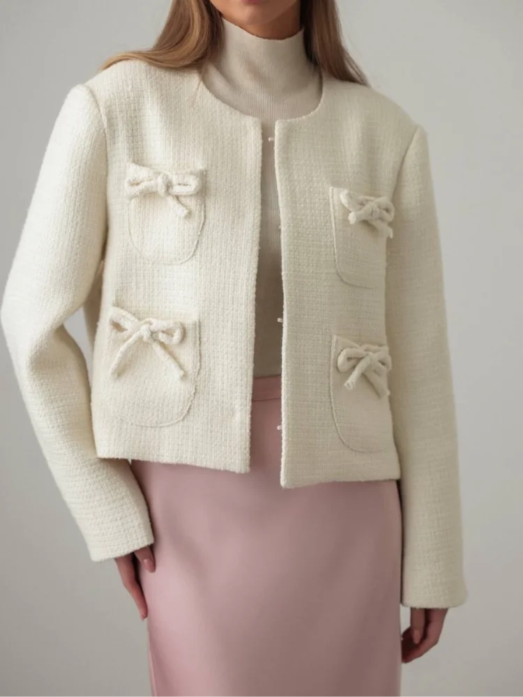 

Elegant Bow Short Tweed Jacket Women Chic Round Neck Full Sleeve Pockets Loose Jackets 2026 Spring Lady High Street Commute Coat