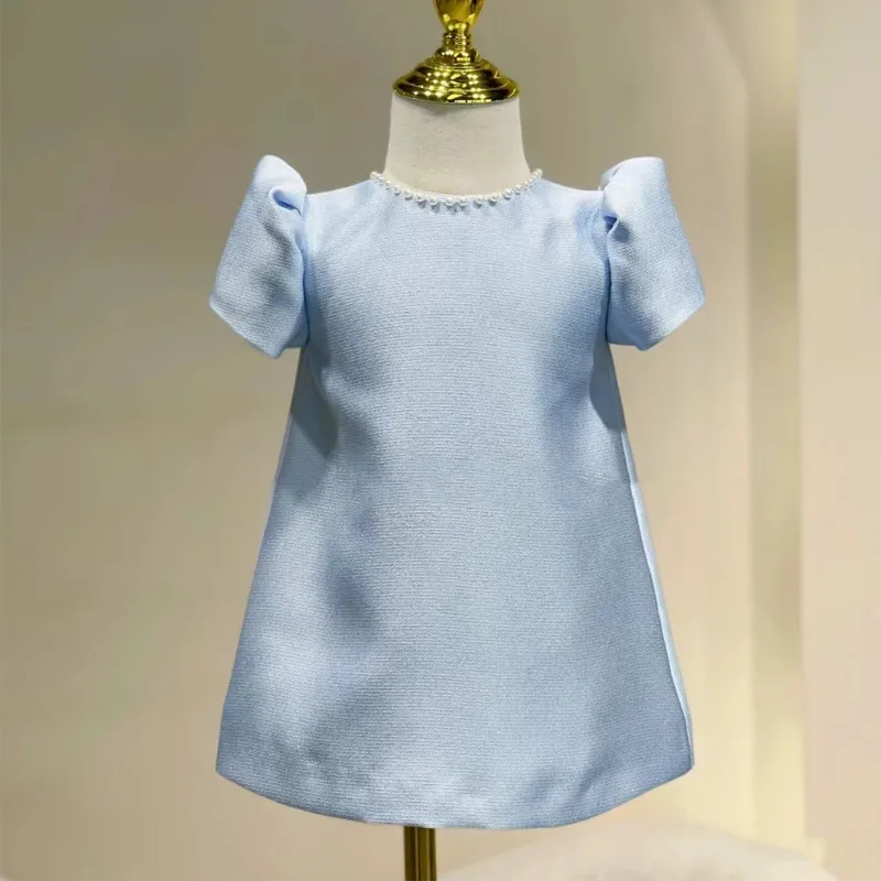 

2024 Chic and Elegant Dress for Kids Girl Infants Beading Bowknot Blue Dresses for Birthday Party Children Luxurious Partywear