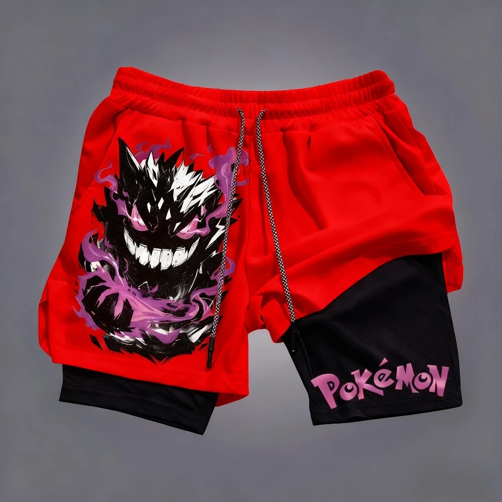 

Двухслойные шорты с принтом покемона, новые летние мужские универсальные дышащие спортивные шорты 2-в-1 для совместной работы в стиле аниме