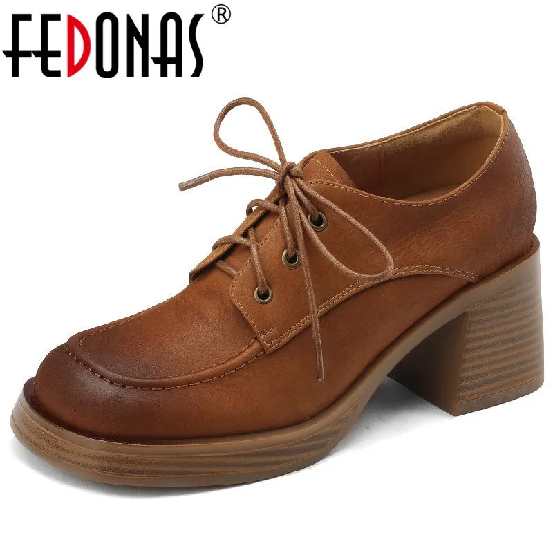 FEDONAS 2025 Classic Women Pumps Spring Autumn Office Ladies Casual Genuine Leather Thick Heels Lace-Up Shoes Woman Retro Style