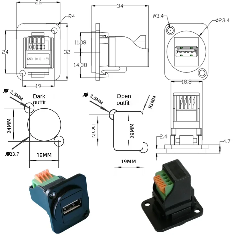 D型USB 2.0ターミナルブロック、固定ナット、データ転送モジュール、黒と銀